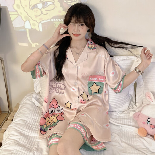 HKPK冰丝睡衣女夏季短袖开衫可爱卡通宽松高级感家居服套装 #FS-2203 #YX-9214 M[75-98]斤 均码