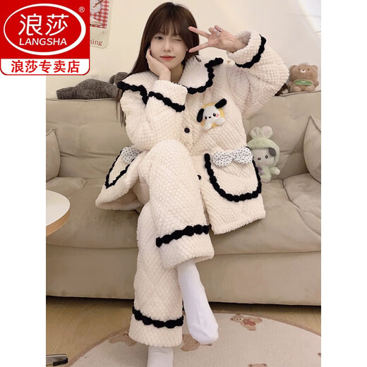 Langsha Pyjamas de veste en coton à trois couches pour femmes plus en velours épaissie de corail chaud en velours automne et hiver Nouvel vêtements pour maison de flanelle QJ-3291 M