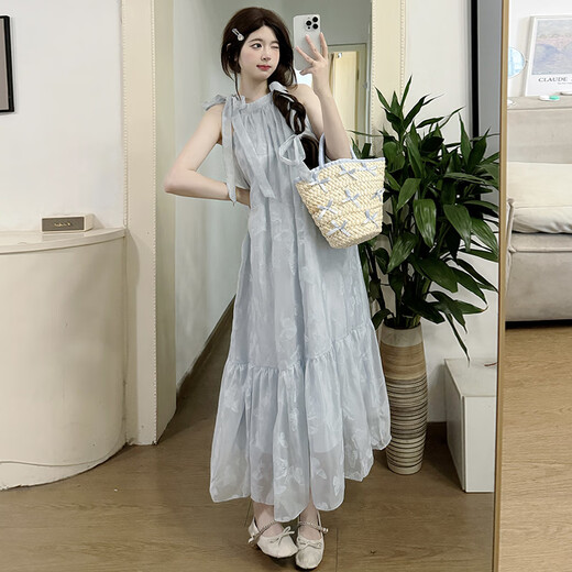 Yiou2025 Neues großer Frauenfrüchte- und Sommerkleidung Neckoter Urlaub Seaside Kleid + blaue Strickjacke zweiteilige Set 6182 Blue Strickjacken L.