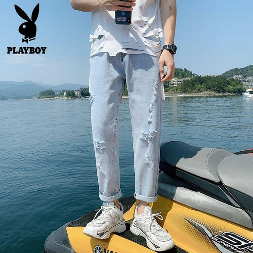 花花公子（PLAYBOY）裤子男学生韩版潮流破洞牛仔裤男宽松直筒夏季薄款九分裤秋季男裤 679/破洞款c M 【收藏优先发货】