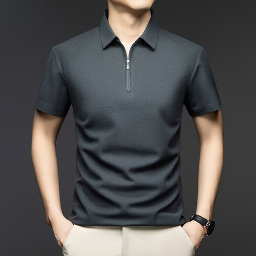 Lilang Seidenlinie Kurzarm T-Shirt Herren Sommer neuer Stil Casual Revers atmungsaktivem Halbzipper-Polo-Hemd Obergrün L.