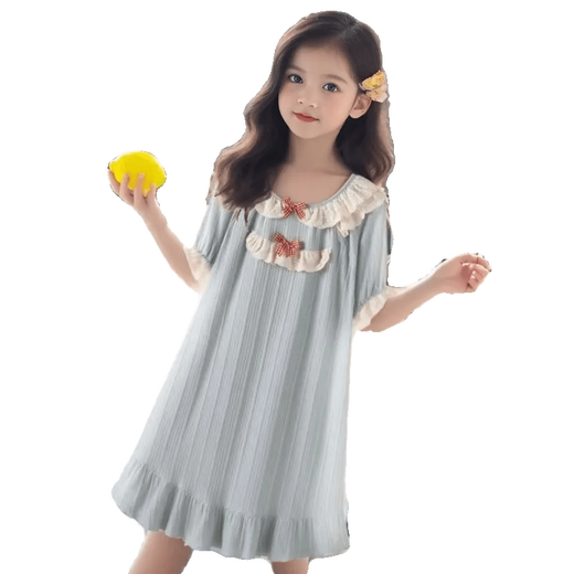 史努比（SNOOPY）夏季新款公主风短袖女童睡裙宽松女孩睡裙冰丝中大童睡衣连衣裙子 687短袖花边蝴蝶结蓝灰色睡裙 120 cm