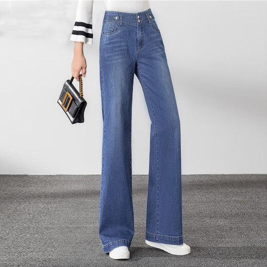 Gemas coloridas Jeans rectas de cintura alta para mujeres pantalones sueltos y versátiles de piernas abiertas 2025 Spring [3886] Blue pantalones de mezclilla 27 [2 pies]