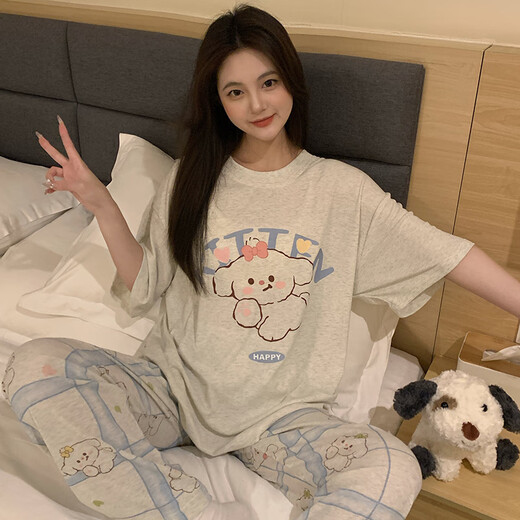Mengluan Pyjamas für Frauen 2025 Neue Sommer kurzärmelige Shorts süße Cartoon Welpe dreiteils Set für lässige Heimkleidung 684-3 Bow Dog XL