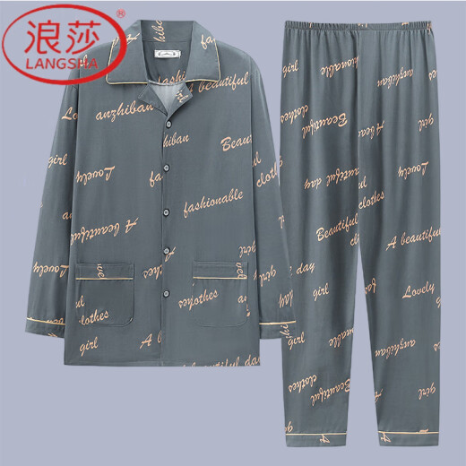 LangSha pajamas men's pure cotton long-sleeved spring and autumn thin casual loose plus size men can wear home clothes suits with gray wheat ears + 834 abstract plaid (long sleeves) L [Suggested 90-120 Jin [Jin equals 0.5 kg]]