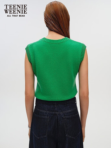 Teenie Weenie小熊女装毛衣2025春季新款复古嵌花休闲V领针织背心 绿色 S  160