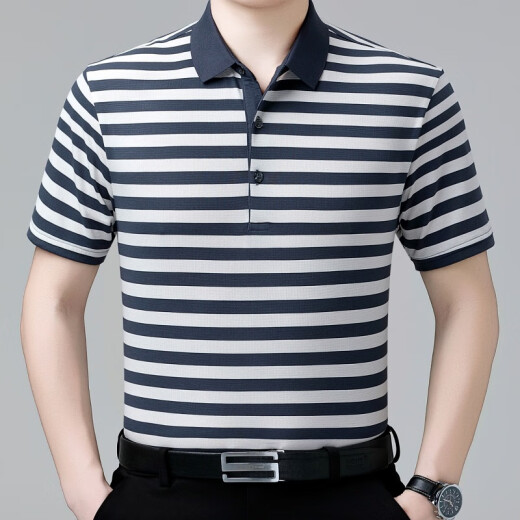 Neues Mulberry Seiden kurzärmeligte T-Shirt für Männer Sommer mittleren Alters und älteren Daddy tragen dünnes, Streifenpolo-Hemd mit Streifen, Blau S 165/105