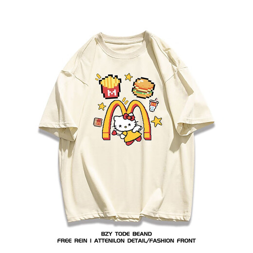 NUKM重磅棉质美式潮牌卡通hellokitty短袖T恤男女夏季休闲时尚上衣ins 纯棉1416薯条凯丽猫白色 M