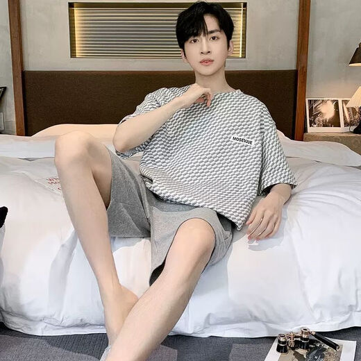 珍韵缘睡衣男夏季莫代尔棉薄款短袖加大码休闲圆领夏天式家居服套装 6198蓝莫代尔套装 均码 L90120斤