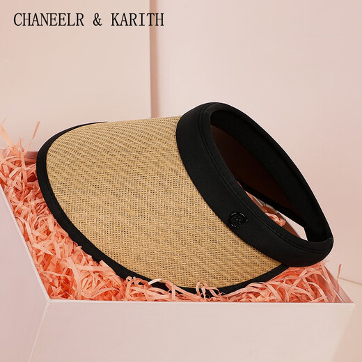 CHANEELR & KARITH防晒帽女夏黑胶草帽空顶遮阳大帽檐太阳帽生日小众礼物送女友老婆 黑卡其 54-59CM（头围）