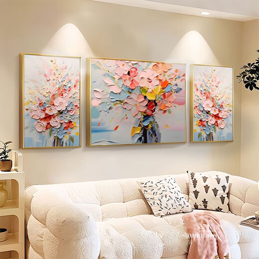 Peach Beauty Creme Blume Wohnzimmer Dekoration Gemälde Textur Triptychofa Hintergrund Wand Zusammenfassung Hängende Malerei Moderne einfache Wandmauer 3890 Nektar-B [Standard goldbürstete Aluminiumlegierung Rahmen] Mitte 80*60 Seite 40*60 [Textilkristallporzellanbilder]