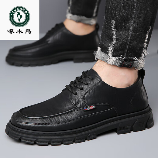 Woodpecker casual leather shoes for men genuine leather spring and summer breathable British business formal wear non-slip work soft sole black big toe trendy shoes black 40