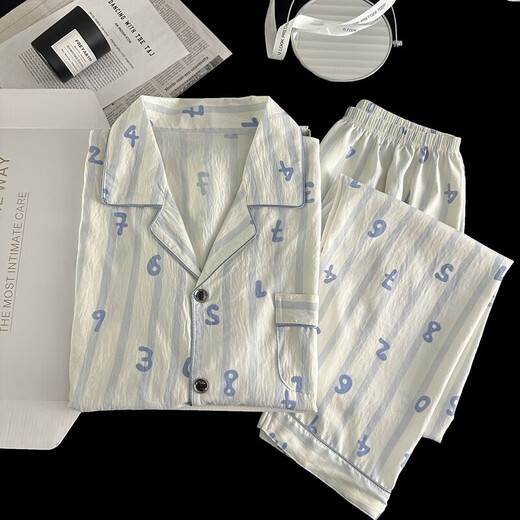 Men's pajamas for men's spring and autumn 2025 new cloud cotton long sleeve thin style youth summer large-size home clothing 12401 [High-quality cloud cotton] L [100-130Jin [Jin equals 0.5 kg]]