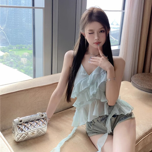韫舜蓝色荷叶边挂脖吊带小背心女夏季修身不规则绝美纯欲短款上衣外穿 吊带小背心【M颜色偏绿】