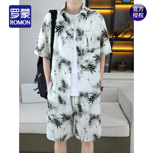 Romon (Romon) Camisa hermosa, traje de seda de hielo de verano masculino, camisa floral de alta gama, mangas cortas, pantalones cortos, set de dos piezas de playa 679 Traje blanco M 110Jin [Jin iguala 0.5 kg]