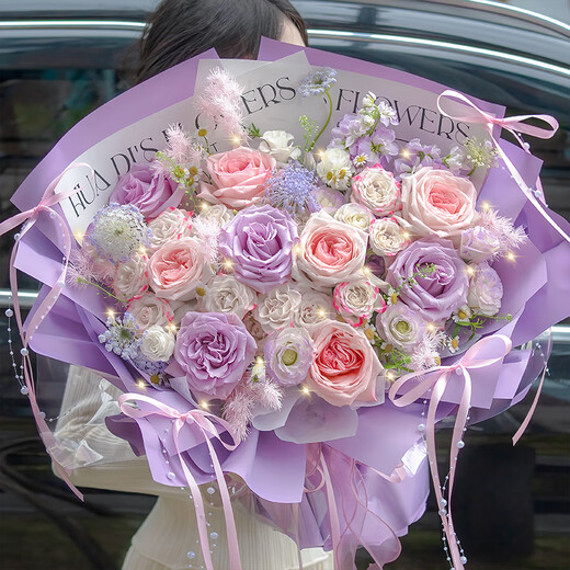 HuaDe flower express delivery, rose bouquet birthday gift for girlfriend to express love within one hour, nationwide same-day delivery in the same city Purple Story Purple Rose + Pink Lychee | dyr80