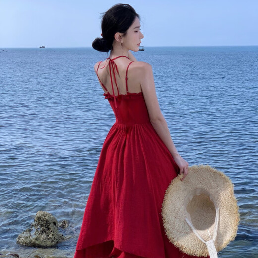 以欧M明艳气质浪漫玫瑰系带大摆收腰显瘦吊带连衣裙女显白度假裙6197 暗红色 S