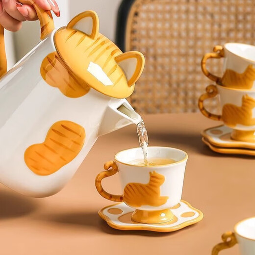 Dining General Ceramic Water Set Gift Box Living Room Flower Teapot Mug Coffee Cup Saucer Water Cup Housewarming New Wedding Souvenir Creative Cat Water Set One Pot Four Cups and Saucers