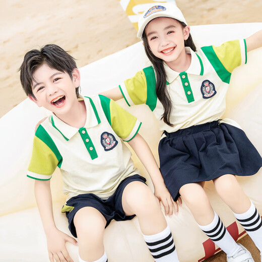 童然幼儿园园服夏季新款小学生校服班服六一表演服棉质运动英伦风套装 6627短袖+短裙 150 码