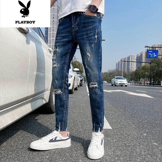 
Playboy 9-point men's ripped jeans summer thin style trendy brand slim small feet Korean style handsome summer nine-point pants [quality preferred style-A9738] 30