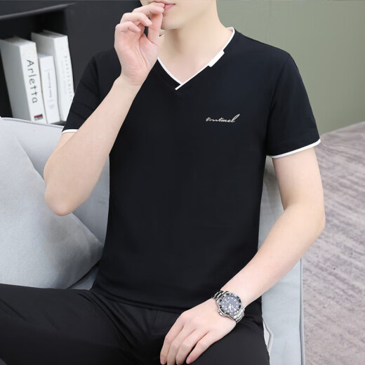 棉短袖t恤男士夏季新款潮流百搭时尚v领上衣修身简约 Q694 白色 4XL 170-185斤