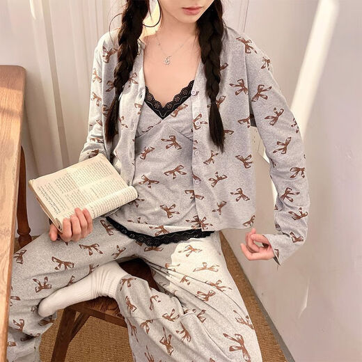 Ziwei Qifeng bow suspender pajamas for women with chest pad three-piece collar cardigan jacket long-sleeved home clothing set 13803 black three-piece set with chest pad 170 M suggestion 80-100
