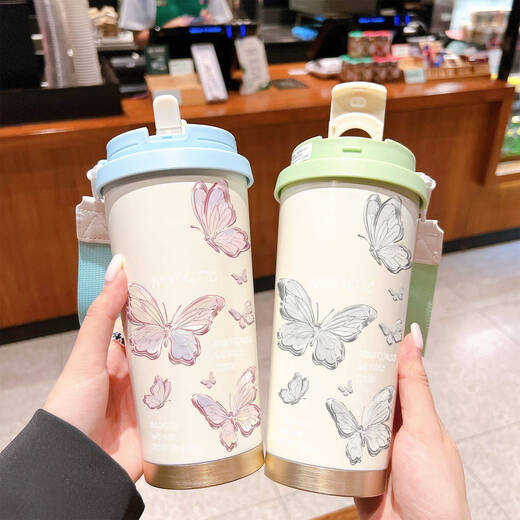 Yonghuan Schmetterling Thermalbecher Edelstahl großer Kapazität Strohhalm Tragbarer Wasserbecher Mädchen 2025 Hochgeprägter Kaffeetasse Antike weiße BXAD6197 Schmetterling 520 ml gepackt Edelstahl