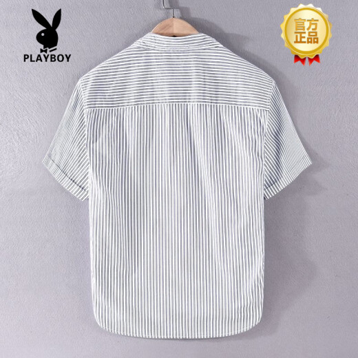 花花公子（PLAYBOY）条纹衬衫男士短袖夏季薄款日系复古纯棉免烫韩版休闲半袖贴标衬衣 9740黑色 XL 【适合体重140-155斤】