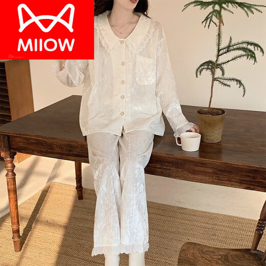 猫人（MiiOW）金丝绒睡衣女秋季女款2024新款长袖长裤甜美公主风花边春秋款冬季 SMSD 9926 白色 L (建议100 120斤)