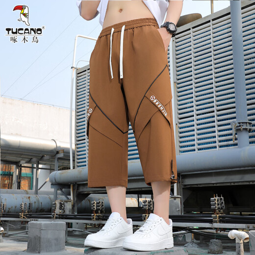 啄木鸟七分裤男夏季直筒阔腿宽松男士7分短裤百搭潮流薄款休闲8分裤子 6629咖啡色 4XL (185-200斤)
