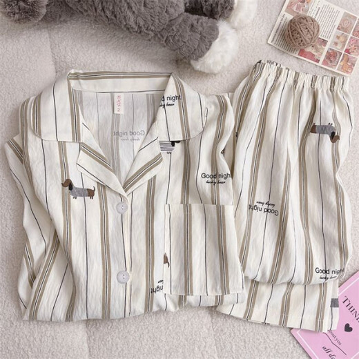 
S.SOFEA women's spring and autumn cute cartoon plaid cloud cotton pajamas home clothes set can be worn outside 826# pink plaid dog 170 M