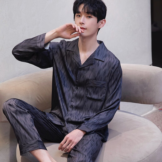 梦特娇（MONTAGUT）2025年新款睡衣男春秋冰丝长袖开衫翻领可外穿感家居服条纹夏 xe双长6627#流星男 均码 l