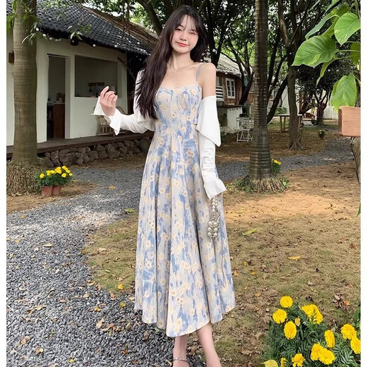 FOX.G碎花吊带连衣裙女裙子2025夏季纯欲气质海边度假新品长裙子两件套 蓝色油画碎花连衣裙两件套 M 【建议105斤以内】