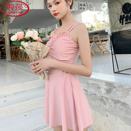 浪莎（LangSha）新款泳衣女连体平角性感韩版ins风保守显瘦遮肚仙女范游泳衣 12041黄 2XL