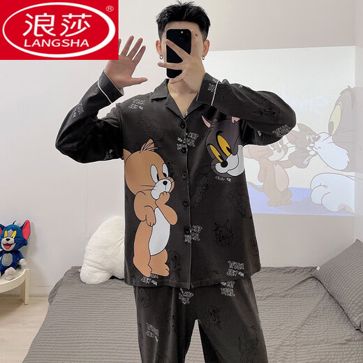 浪莎（LangSha）男士睡衣长袖春秋季薄款青少年男生卡通学生加肥加大码家居服套装 9901男款 4XL 标准(230斤左右)