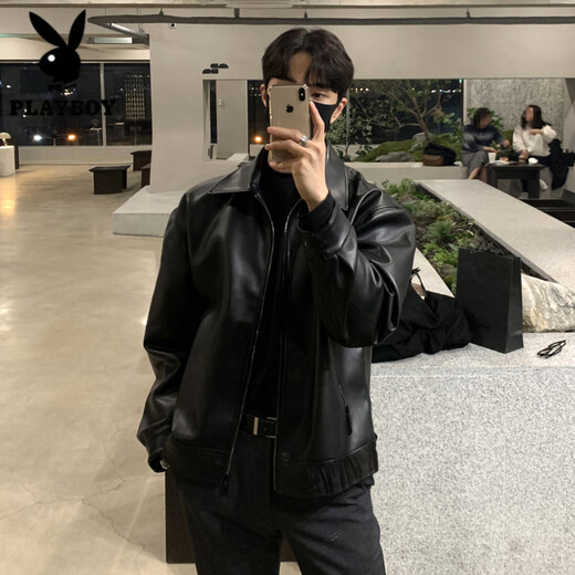 Playboy (PLAYBOY) motorcycle leather jacket men's spring and autumn Korean version loose and trendy handsome black retro American fashion brand leather jacket for men P12 black size too large L 120-140Jin Jin equals 0.5 kg to wear