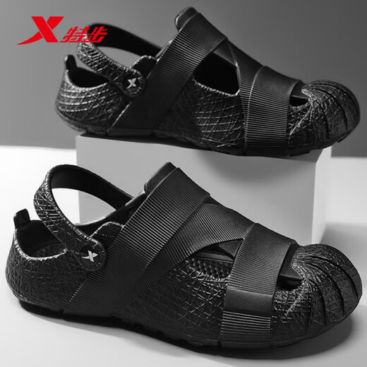 特步（XTEP）运动拖鞋男洞洞鞋男夏季凉拖鞋外穿厚底凉鞋男 A043 正黑色 37-38