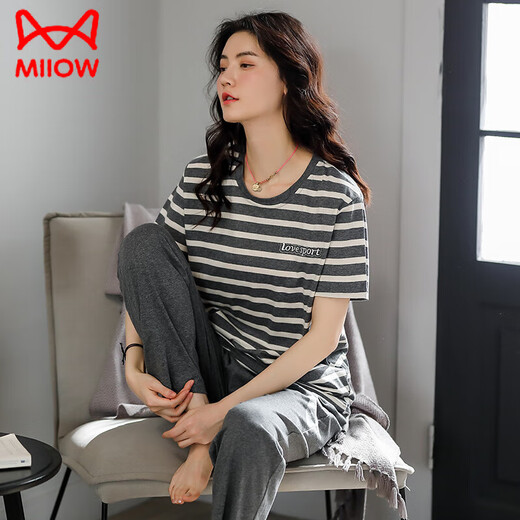 Catman (Miiow) Sommerpyjamas für Frauen reine Baumwollstreifen kurzärmelige Hosen Dünne Sommer-neue Stil können mit Pullover Rund Hals Home-Kleidung 7374 Bohnenpaste Pulver L [100-120jin [Jin gleich 0,5 kg]] getragen werden.]