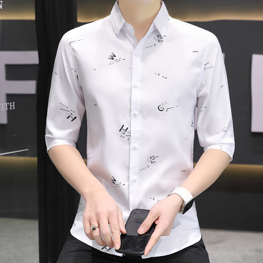 L Lilang's [Brand Brochure Code Break] Seven-Class Sleeve Shirt Men's Ice Silk Short Sleeve Slim Trendy Smooth Shirt 684 Blue L 105-120Jin [Jin equals 0.5 kg]