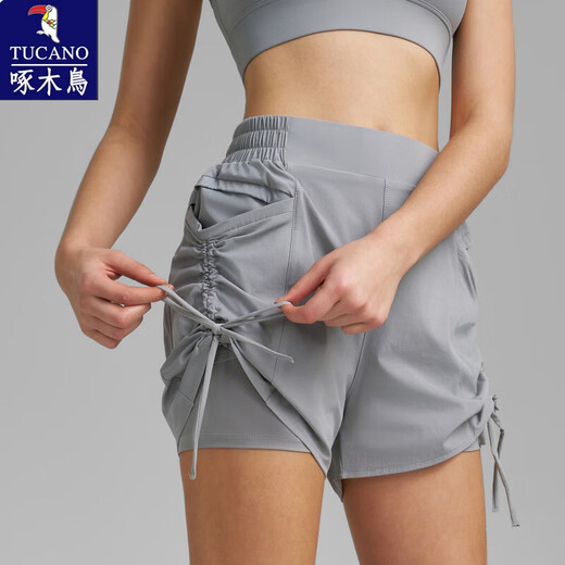 Woodpecker New Women's Sports Shorts Running Anti-Light Drawstring Pleated Yoga Shorts High Waist Belly 2025 Spring and Summer Bean Paste Green S