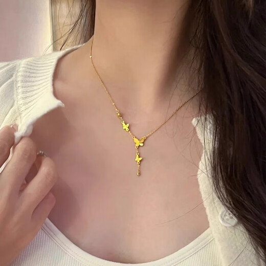 Taijufu gold-wrapped silver 999 butterfly tassel gold necklace for women new light luxury niche clavicle chain as a gift for your girlfriend Tassel butterfly one-piece necklace (gold 0.3 grams)