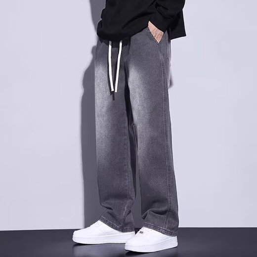 画枕眠（HUAZHENMIAN）美式高街复古工装牛仔裤男阔腿宽松直筒微喇vibe裤子2025夏季新款 黑色 D759 XL