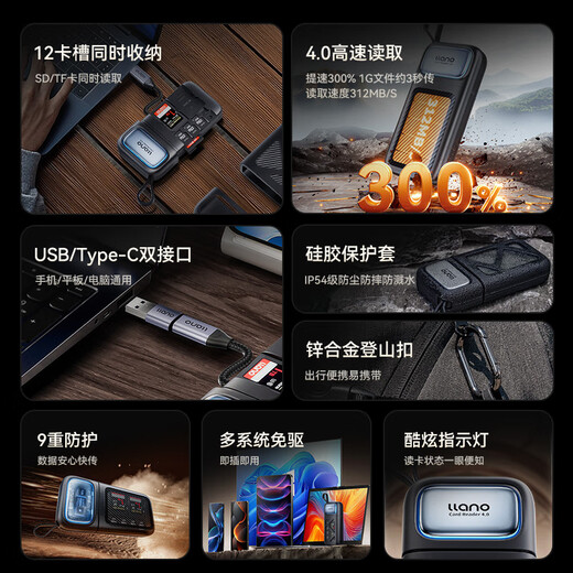 绿巨能（llano）4.0高速读卡器USB/Type-C多功能合一SD/TF卡收纳适用手机电脑相机无人机读取数据闪传读卡盒ccd