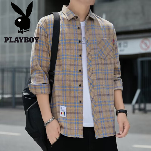 Playboy Plaid Casual Shirt Men's Men's Spring and Automne Shirt Long à manches coréen Top Retro Retro Loose Summer Veste mince K12111 M bleu + K12111 Jaune Blue XL 125-145Jin [Jin est égal à 0,5 kg]