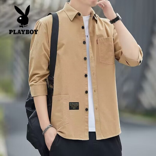 花花公子（PLAYBOY）纯棉七分袖衬衫男夏季薄款高端中袖衬衣男士休闲短袖t恤男款外套 723/灰色（七分袖衬衫） 3XL