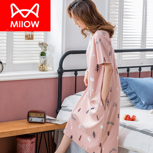 Catman (Miiow) Marke Nachthemd für Frauen Sommer reines Baumwoll kurzärmelige Long Knie-Pyjama 2023 Neues Baumwollkoran dünne Heimkleidung 9901 Langer Rock 2xl