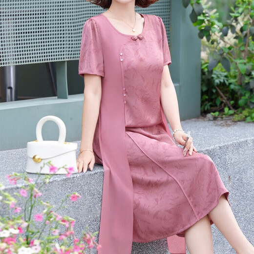 Ye Yi Middle-aged and Elderly Dresses, Mother-in-law and Mom Summer Dresses, 50-year-old fashionable middle-aged women's fake two-piece chiffon skirts, 6625 pink 2XL Recommended 100-115Jin [Jin equals 0.5 kg]