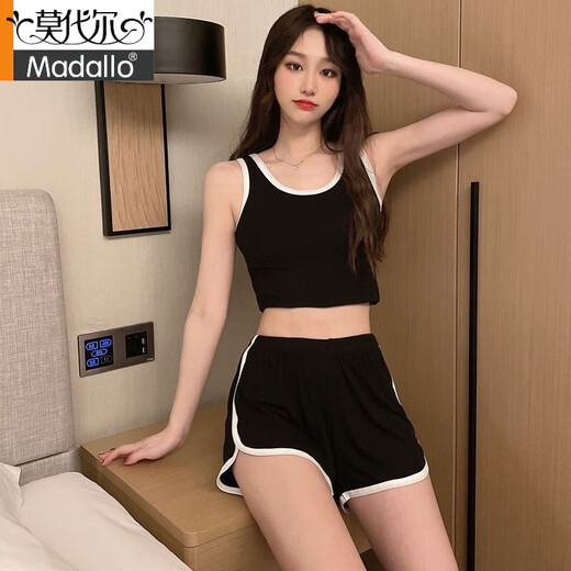 莫代尔睡衣女夏季网红时尚家居服2025一整套莫代尔运动服套装女外穿 背心套装 12035 黑色 M 建议80-95斤