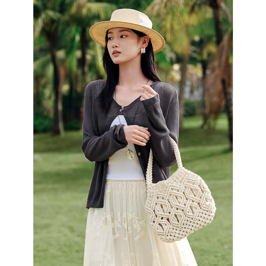 Jiuzi Annako faul und lässig und dünn hohle, langärmelte Strickjacke für Frauen 2025 Sommer neuer Stil Dunkelgrau M.