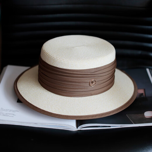 Tochino straw hat spring and summer new style French flat top small fresh wide brim sun hat pleated white sun protection sun hat beige rice belt M (56-58cm) one size fits all adjustable